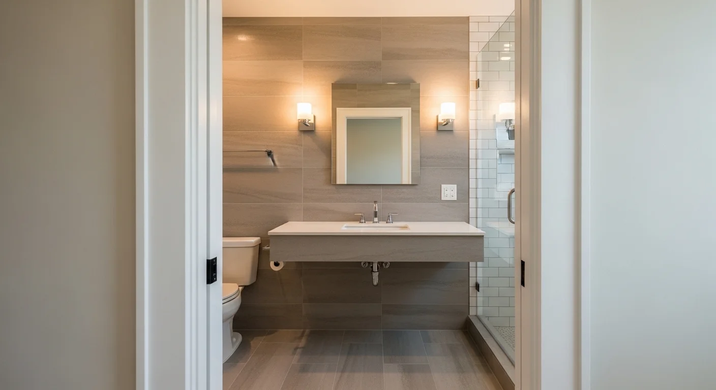 Renovated bathroom in Silver Spring MD — walk-in shower, floating vanity, modern tile