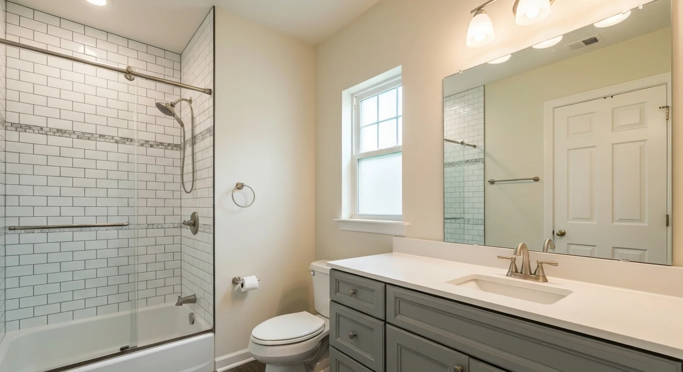 Completed bathroom remodel in Silver Spring MD — subway tile shower, new vanity, modern fixtures