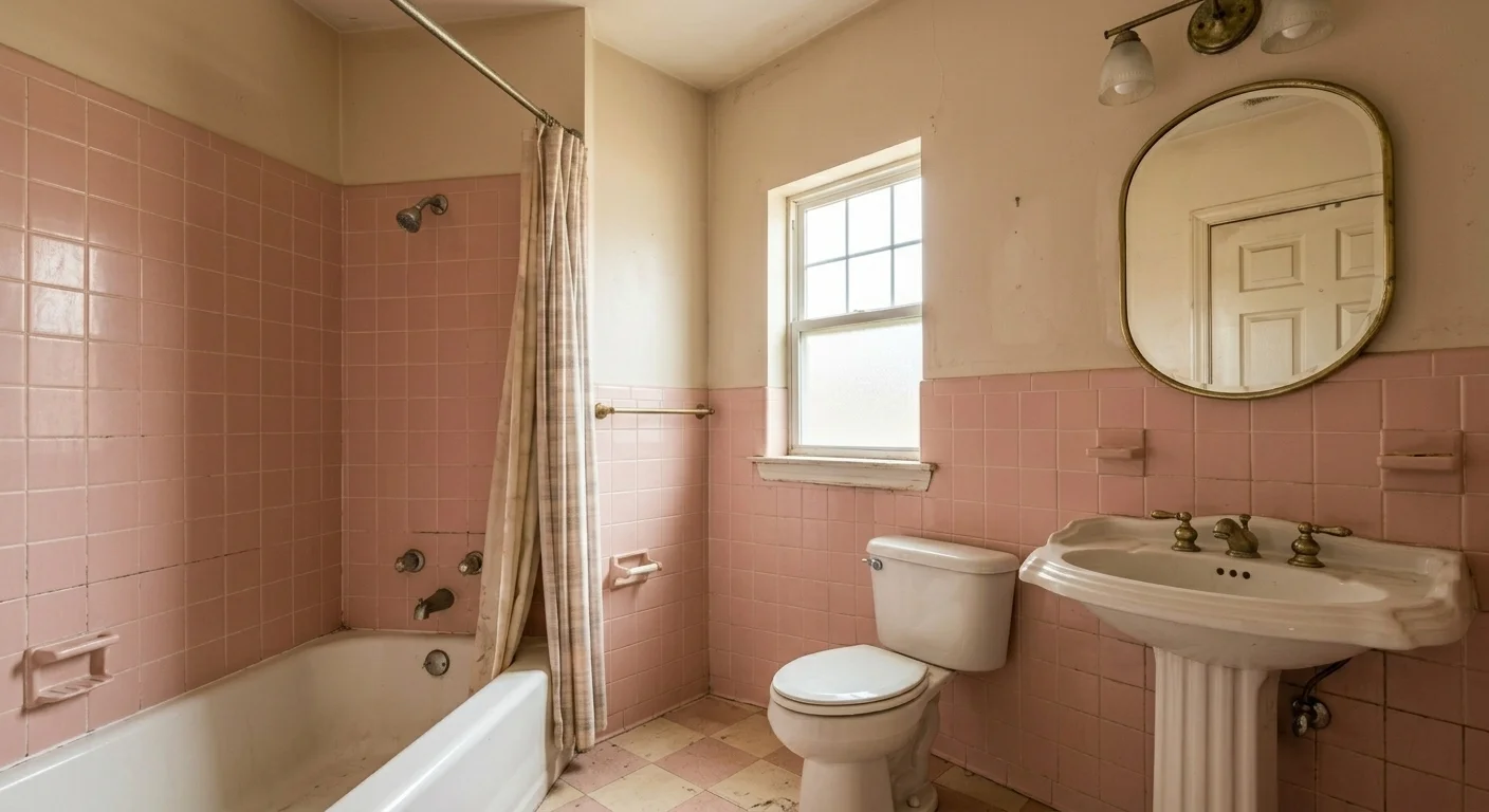 Outdated bathroom before remodel in Silver Spring MD — dated pink tile, old pedestal sink