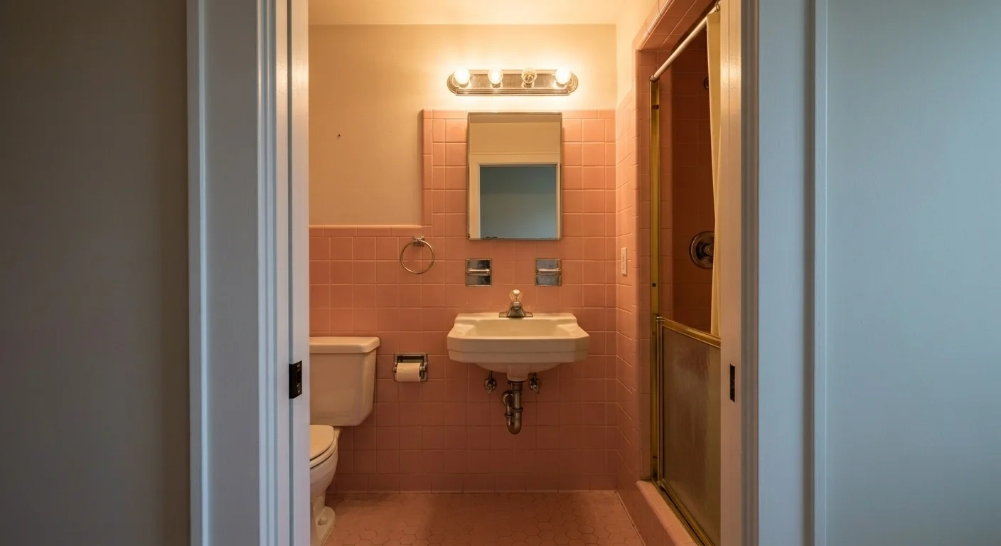 Outdated bathroom before renovation in Silver Spring MD — old tile, dated vanity, poor lighting