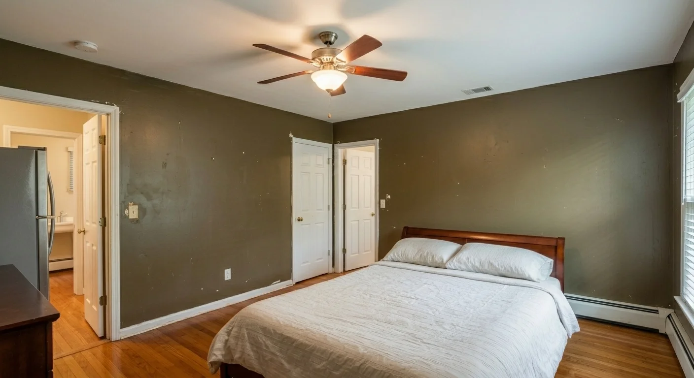 Bedroom before painting in Silver Spring MD — old dark paint, scuffed walls