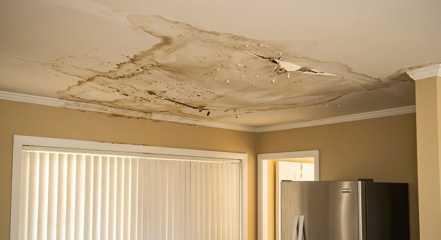 Water damaged ceiling drywall before repair in Silver Spring MD — stained, sagging