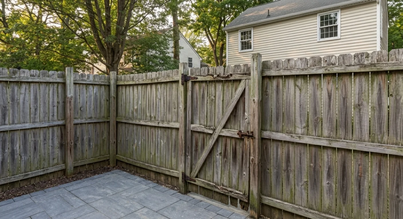 Rusty chain-link fence sections before repair in Silver Spring MD — bent posts and damaged links