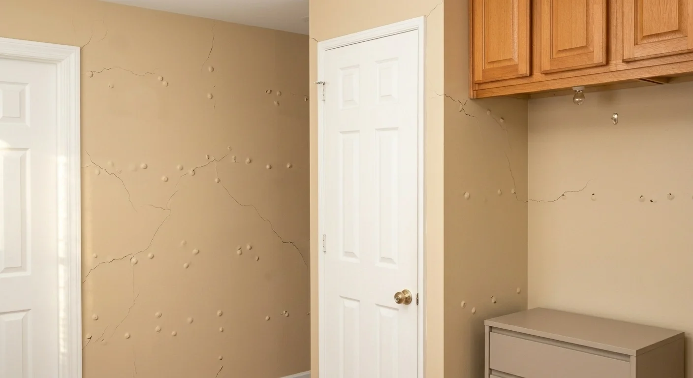 Drywall cracks and nail pops before repair in Silver Spring MD bedroom