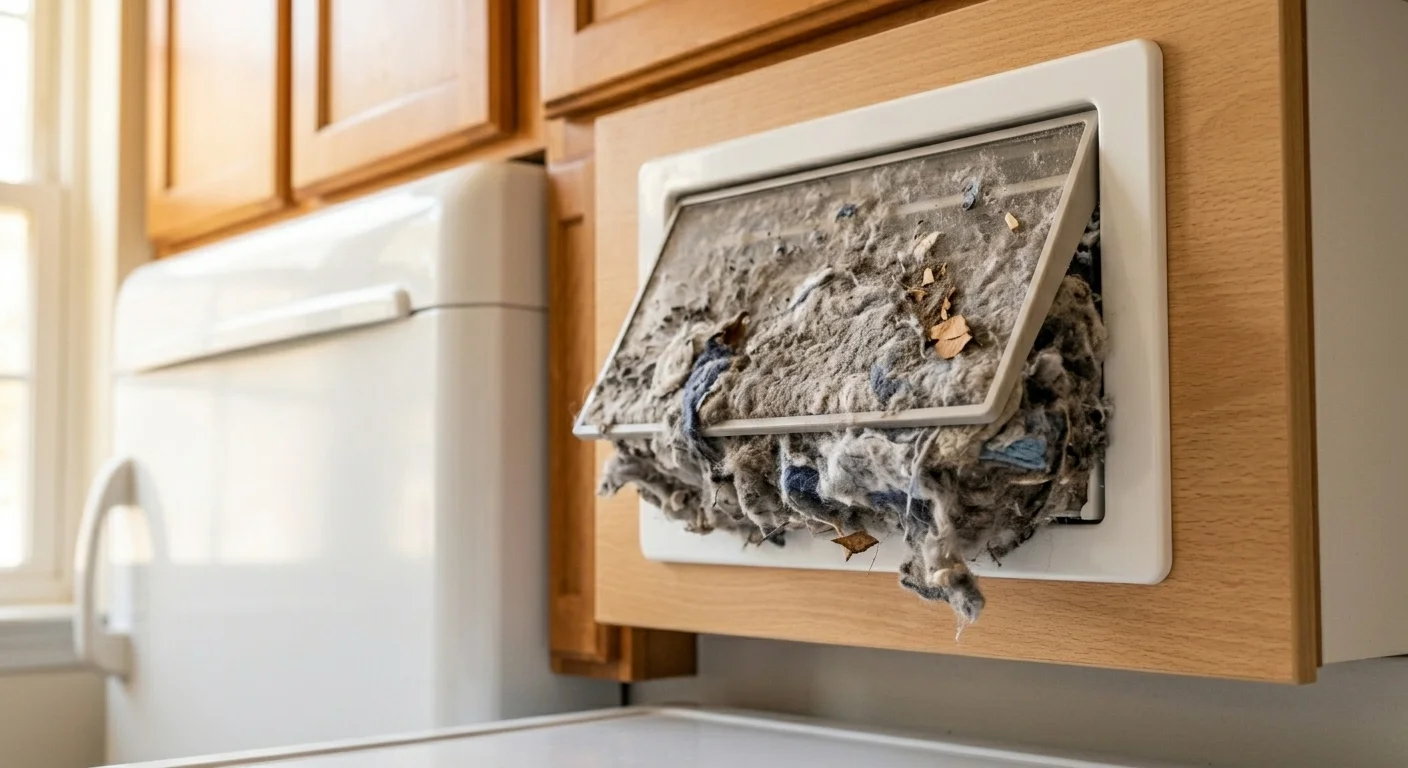Exterior dryer vent flap blocked with lint and debris before cleaning in Silver Spring MD