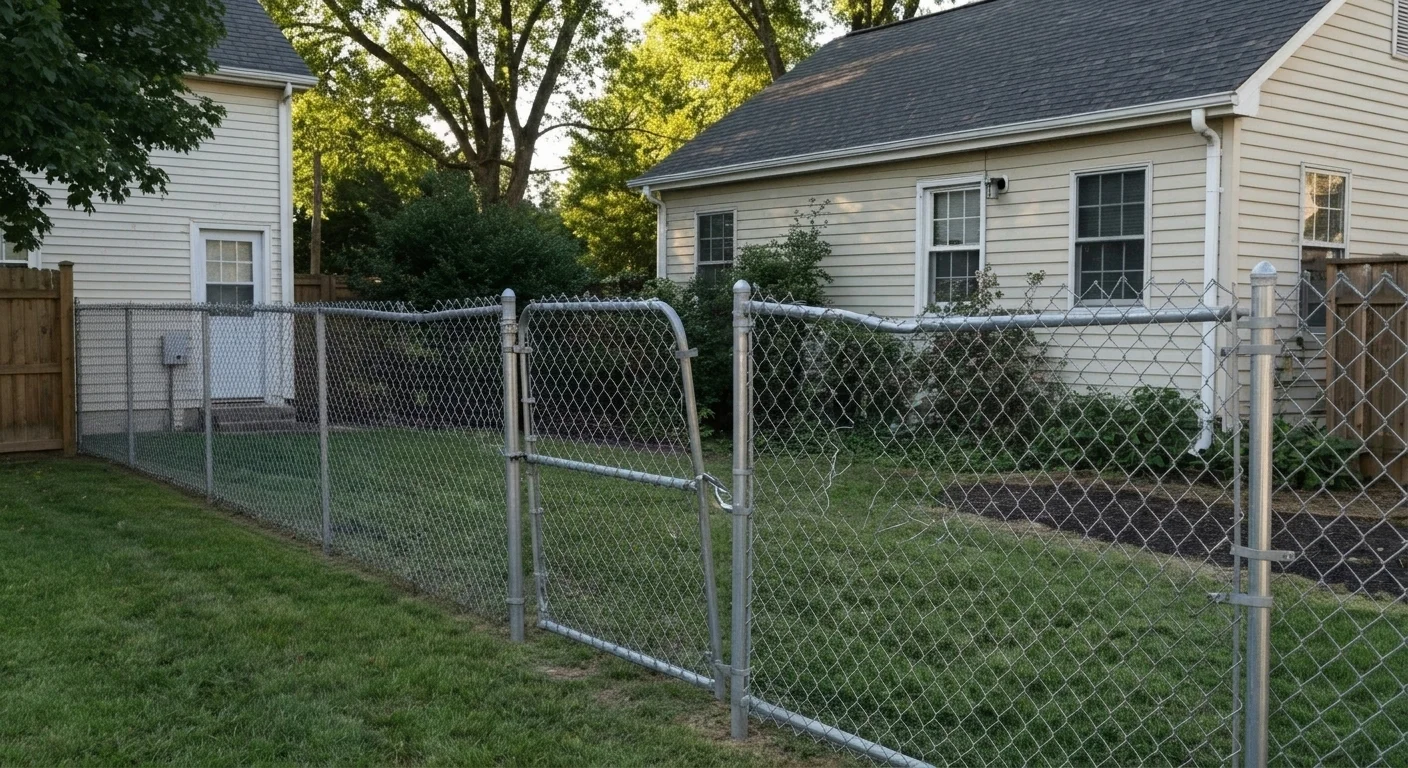 Damaged chain link fence before repair in Rockville MD — bent posts, broken sections