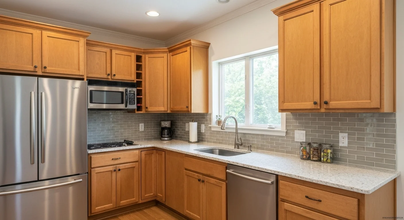 Remodeled galley kitchen in Silver Spring MD — new cabinets, maximized storage, tile backsplash