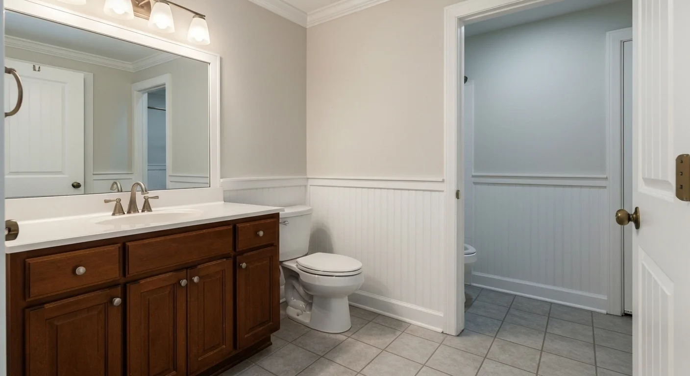 Updated half bathroom in Silver Spring MD — new vanity, wainscoting, fresh tile floor