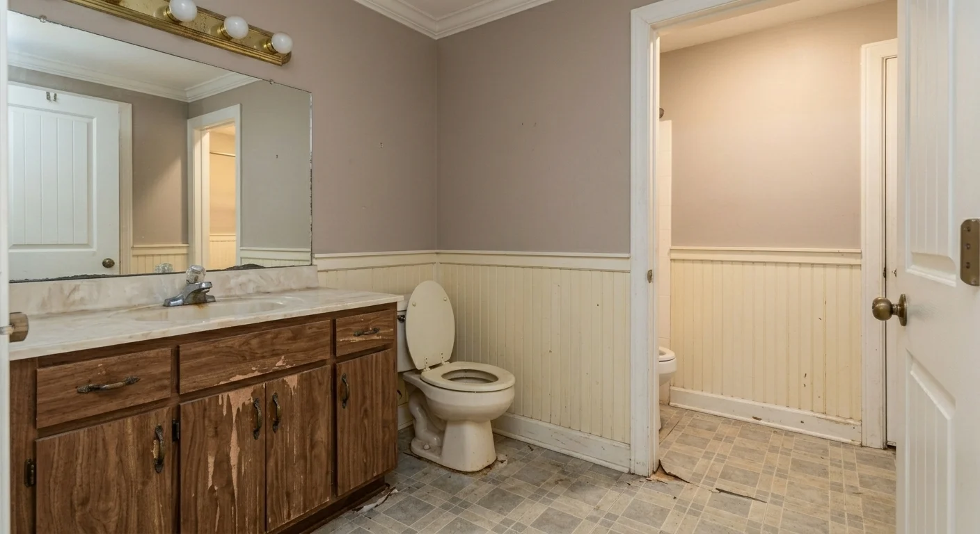 Half bathroom before update in Silver Spring MD — old toilet, dated vanity, worn floor