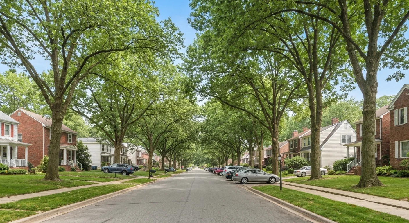 Tree-lined residential street in College Park MD — brick homes, lush summer canopy
