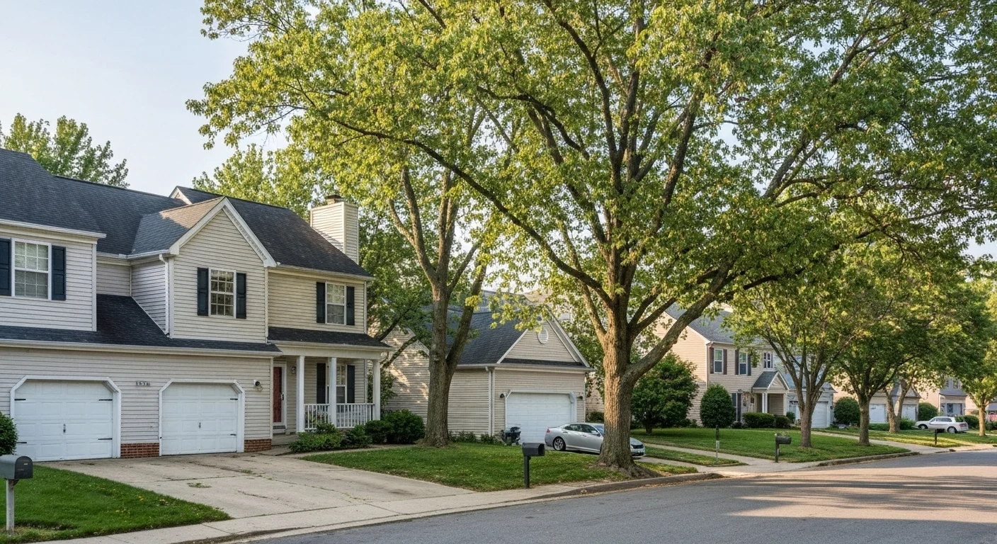 Suburban neighborhood street in Gaithersburg MD — family homes, tree canopy, green lawns