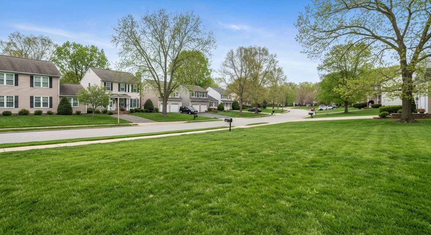 Quiet suburban neighborhood street in Rockville MD — family homes, green lawns