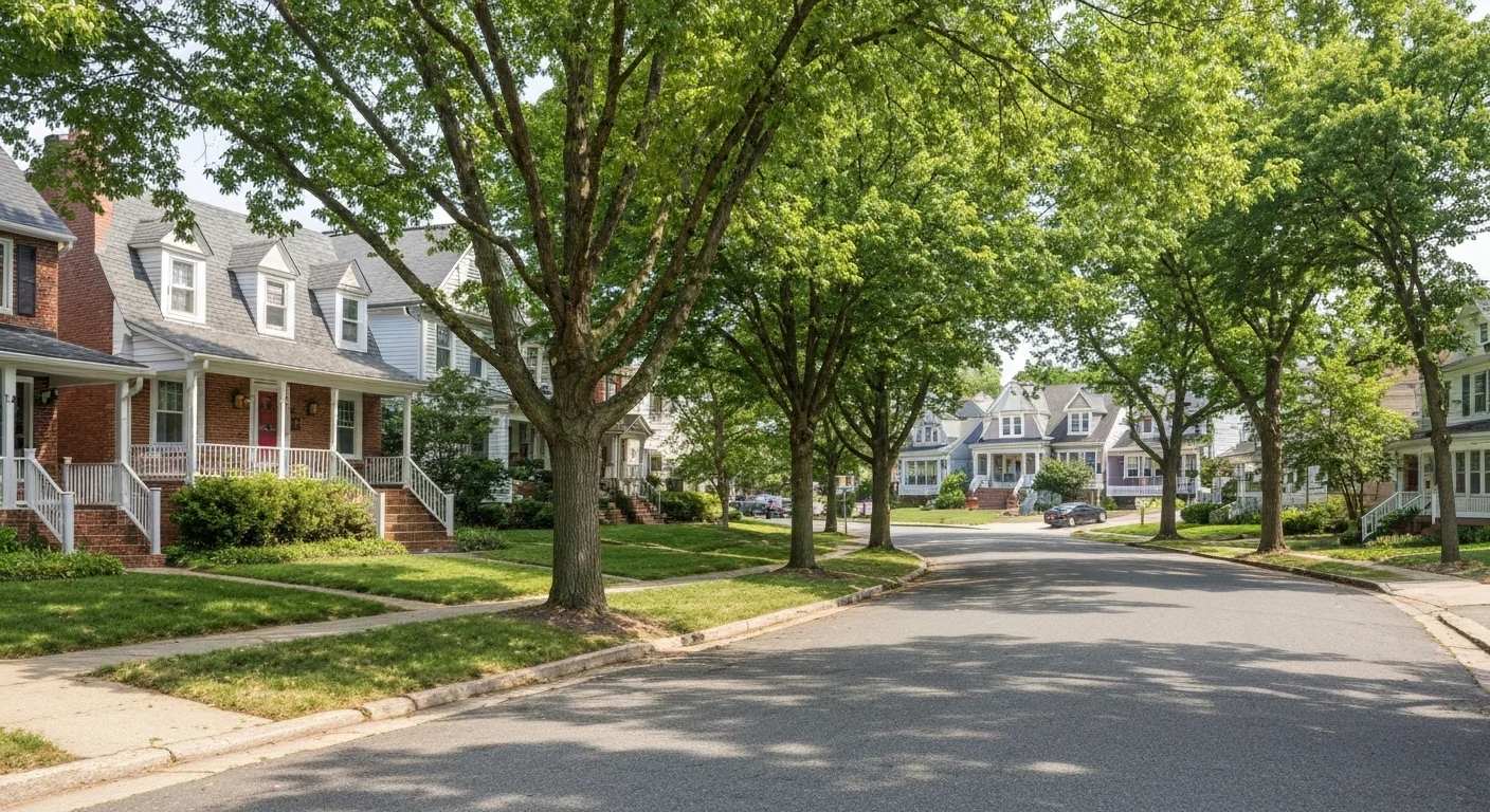 Tree-lined residential street in Silver Spring MD — charming homes, summer greenery
