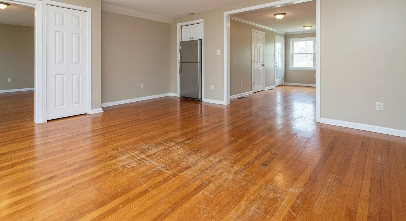 Scratched worn hardwood floor before refinishing in Silver Spring MD home