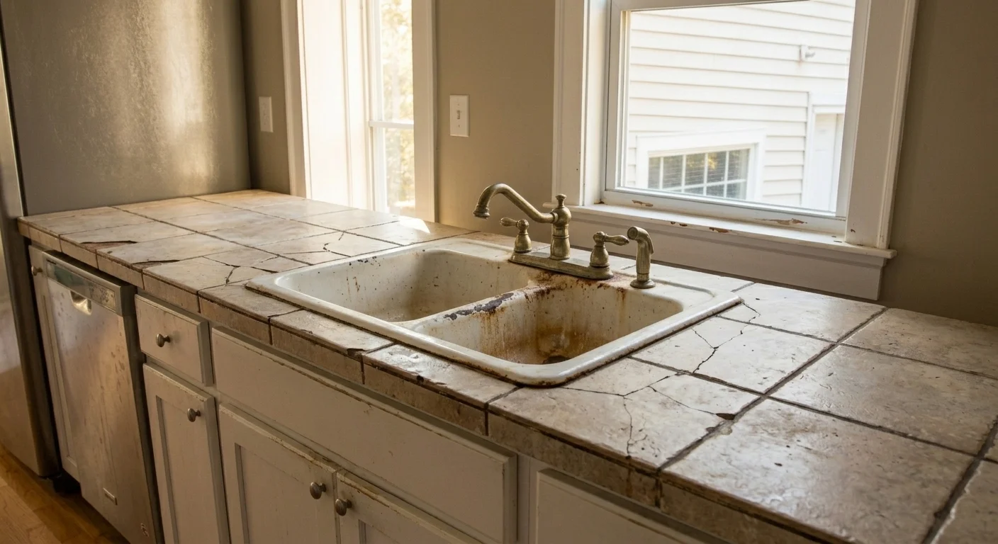 Kitchen before countertop replacement in Silver Spring MD — cracked tile, worn surface