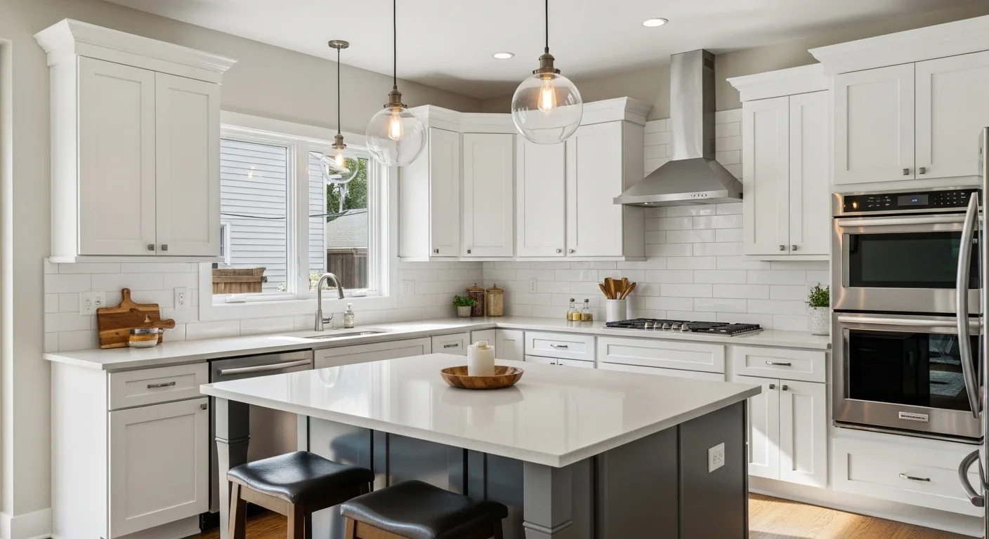 Modern kitchen remodel completed in Silver Spring MD — quartz island, white shaker cabinets