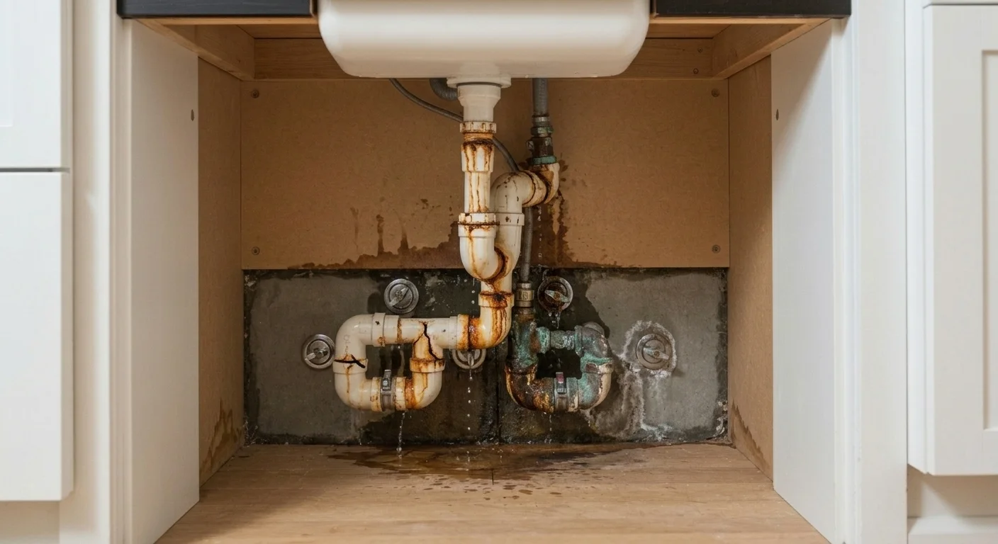 Leaking corroded pipes under sink before repair in Silver Spring MD