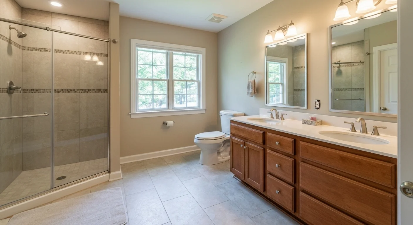 Master bathroom after renovation in Silver Spring MD — curbless shower, heated tile, dual vanity