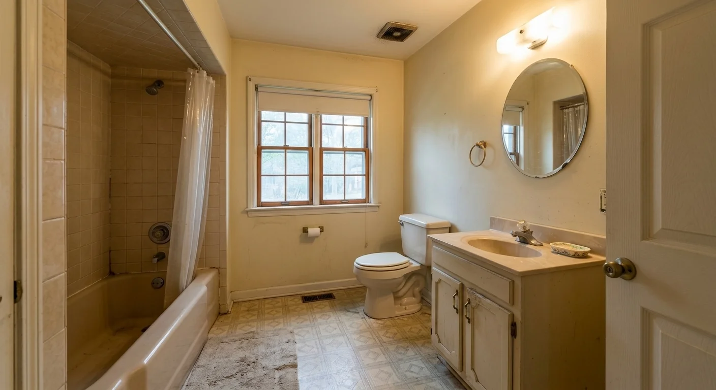 Small master bathroom before renovation in Silver Spring MD — cramped layout, old tub