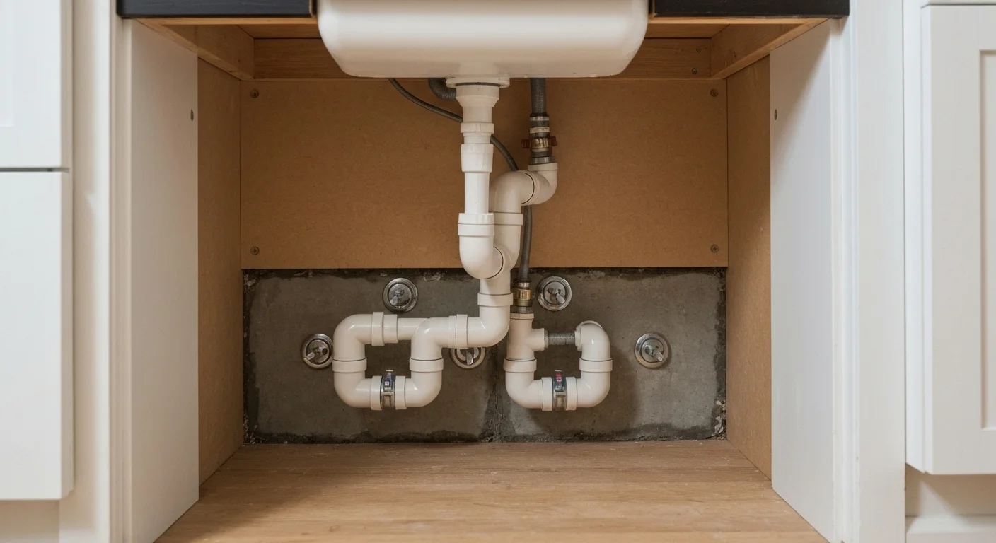 New plumbing installed under sink in Silver Spring MD — clean PVC, new shut-off valves