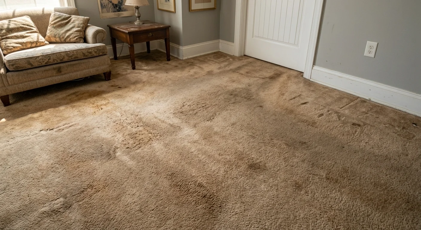 stained worn carpet before replacement in Silver Spring MD living room