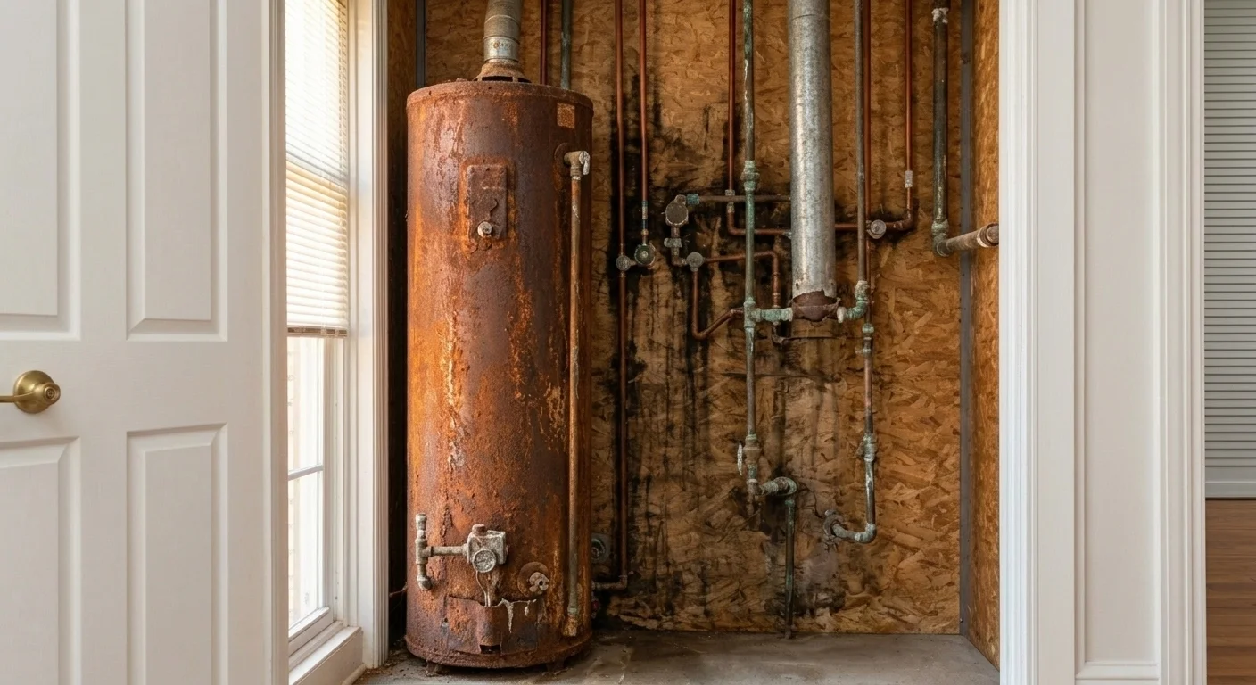 Old rusted water heater before replacement in Silver Spring MD home