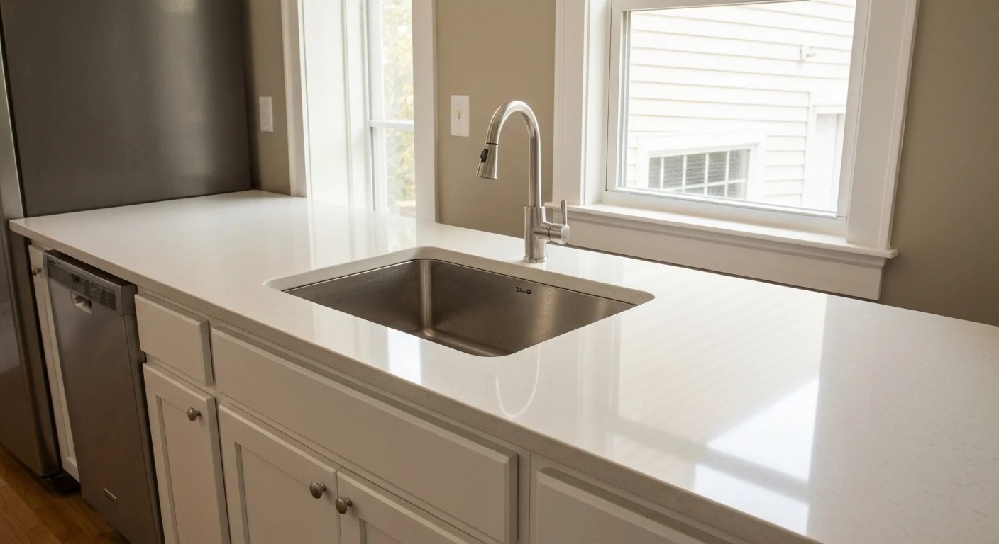 New quartz countertops installed in Silver Spring MD kitchen — seamless finish, undermount sink