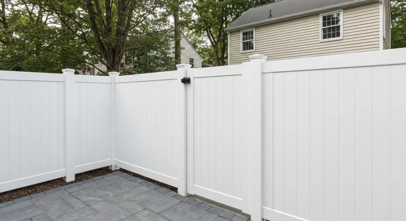 New white vinyl privacy fence with gate installed in Bethesda MD — clean, low-maintenance